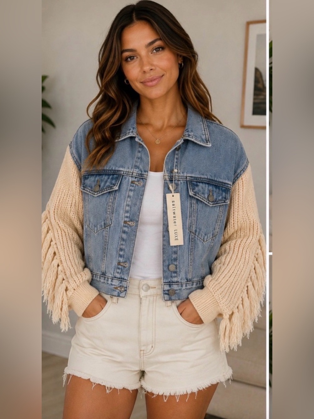 Anthro saltwater LUXE Blue Denim‎ Jacket with Cream Knit Fringe Sleeves small